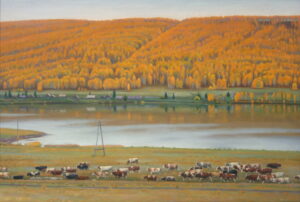 Клюев А.А. Красное озеро. Гонят стадо. 2009 г. Холст, масло. 95х140 см.